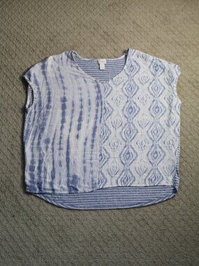 Chico's Sz 2 / L Light Blue Rayon Poly Linen Blend Mixed Pattern Sleeveless Top